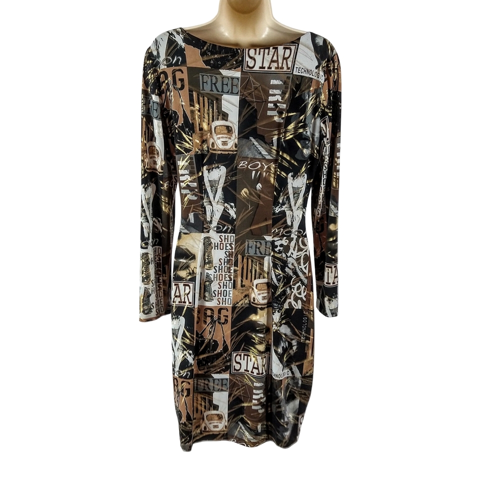 Y2K Cache Long Sleeve Graphic Print Dress - Brown, Metallic Gold, and Black - Picture 5 of 8